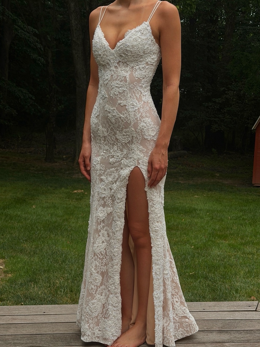 Sherri Hill White Lace Spaghetti-Strap Gown - Picture 2 of 6